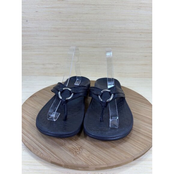 Vionic Tide Aloe Black Leather Toe Post Sandals Womens Size 8 - Picture 2 of 8